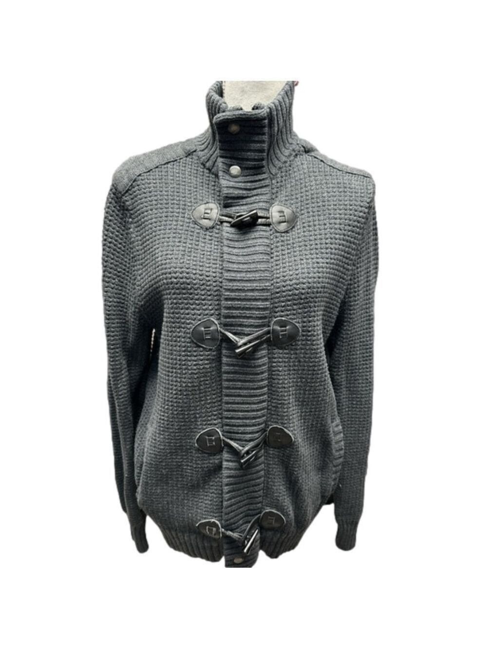 Express  Dark Academia Zip Toggle Knit Cardigan Elbow Patch Sweater Grey …